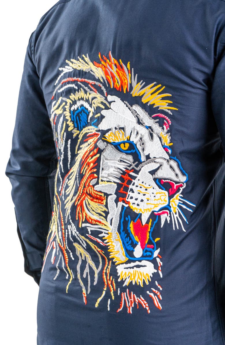 Maceoo Fibonacci Lion Embroidered Contemporary Fit Button-Up Shirt, Alternate, color, Blue