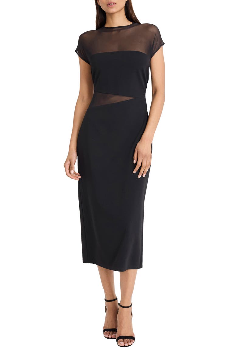 Scuba Crepe Mesh Detail Dress, Main, color, BLACK