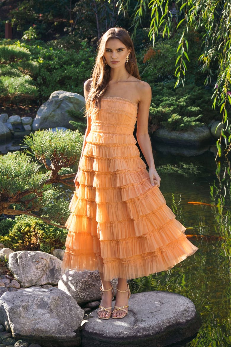 Solid Mesh Micro Ruffle Strapless Midi Dress, Alternate, color, Sherbet