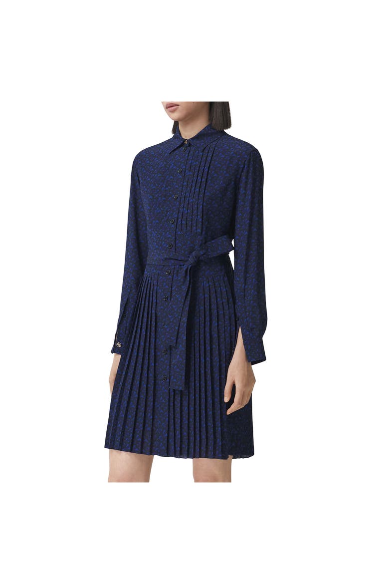 TB Monogram Print Pleated Silk Dress, Alternate, color, DEEP ROYAL BLUE PAT