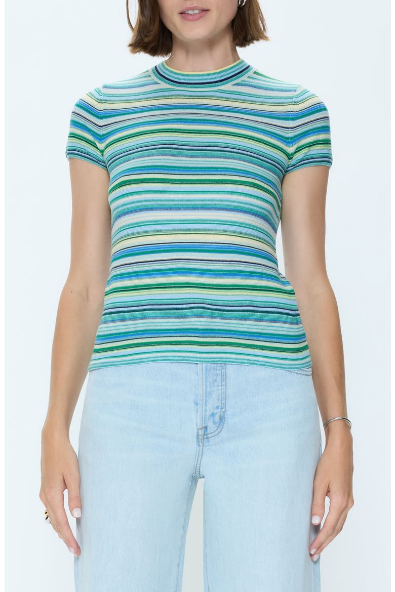 Selene Stripe Cotton Short Sleeve Sweater, Main, color, BLUE GREEN MULTI