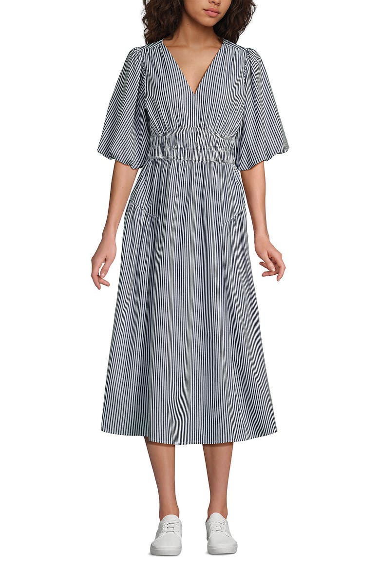 Puff Sleeve Smocked Waist V Neck Dress, Alternate, color, Blue/White Stripe