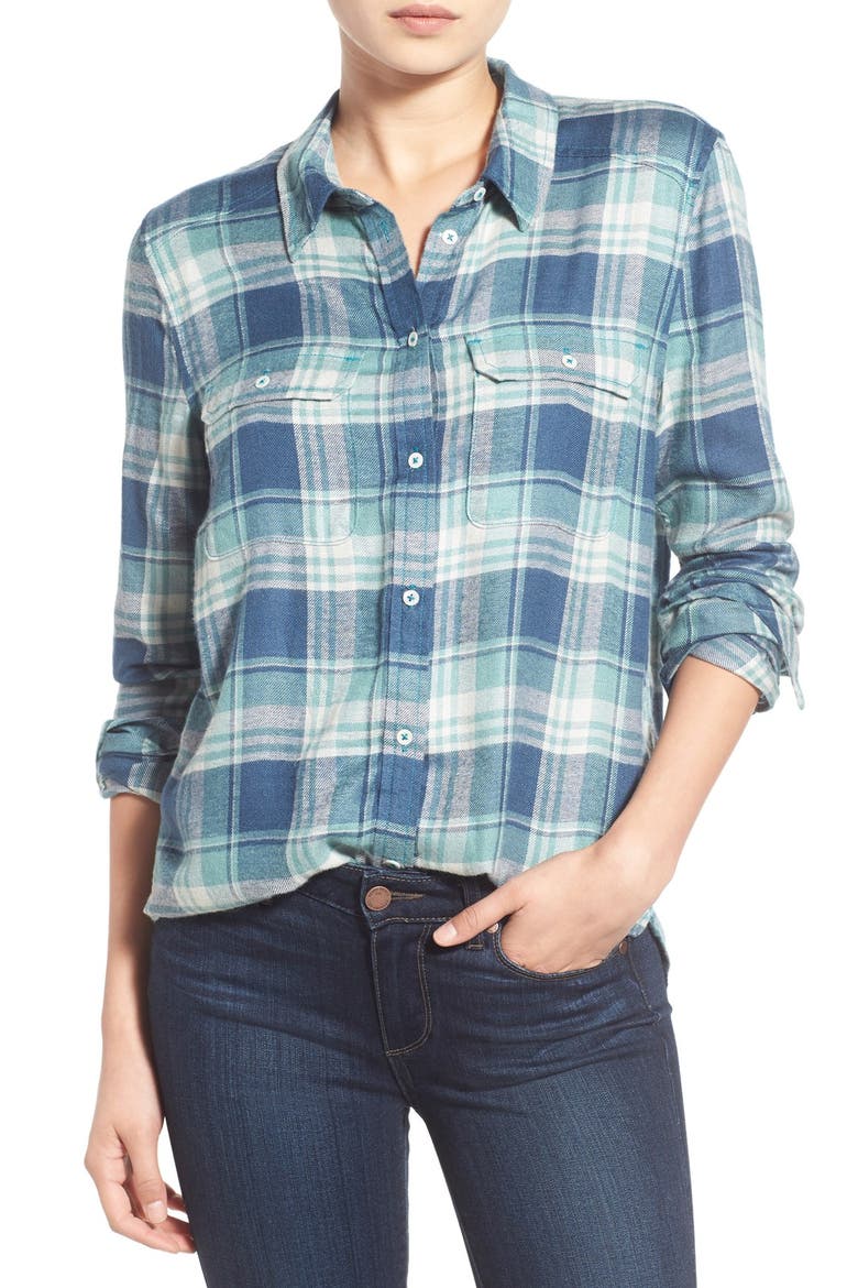 Denim 'Trudy' Plaid Shirt, Main, color, BLUE TEAL/ TRELLIS