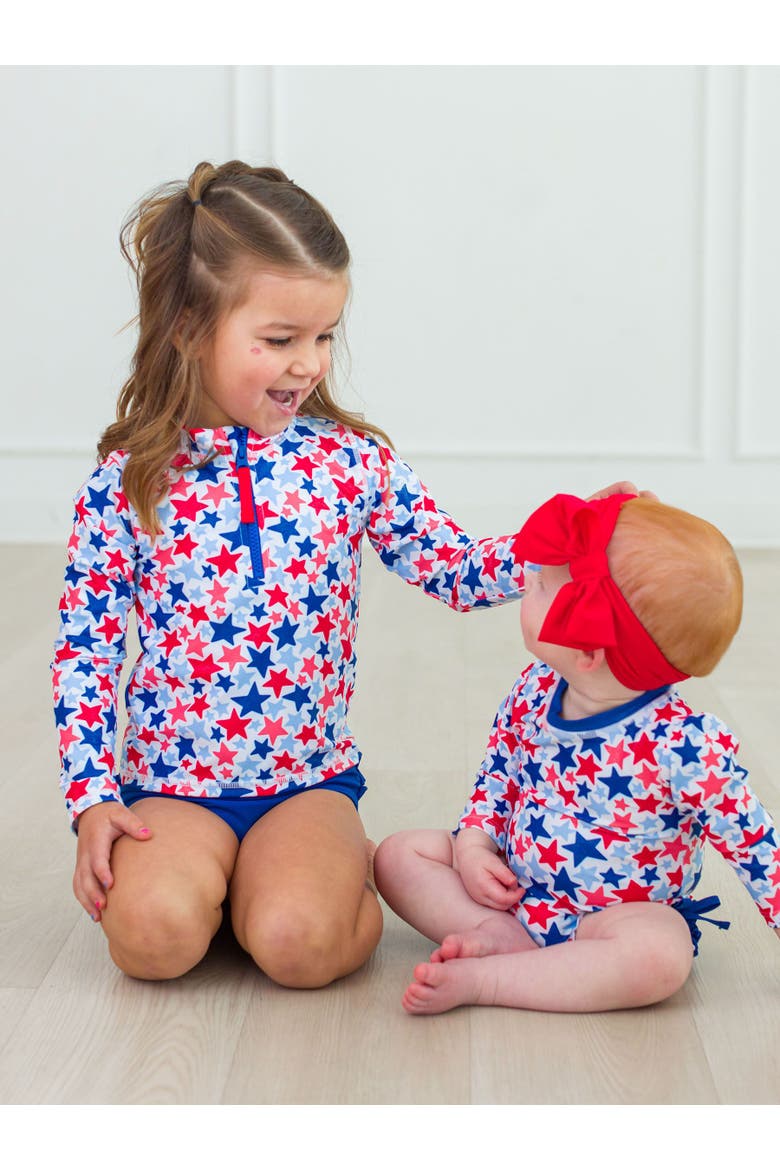 Baby Girls UPF50+ Long Sleeve Zipper Rash Guard 2-Piece, Alternate, color, Shimmer Star-Spangled