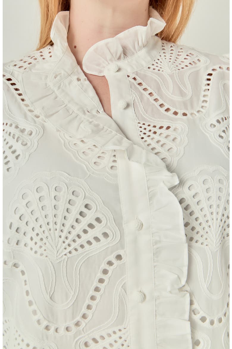 Embroidered Ruffle Short Sleeve Eyelet Shirt, Alternate, color, WHITE