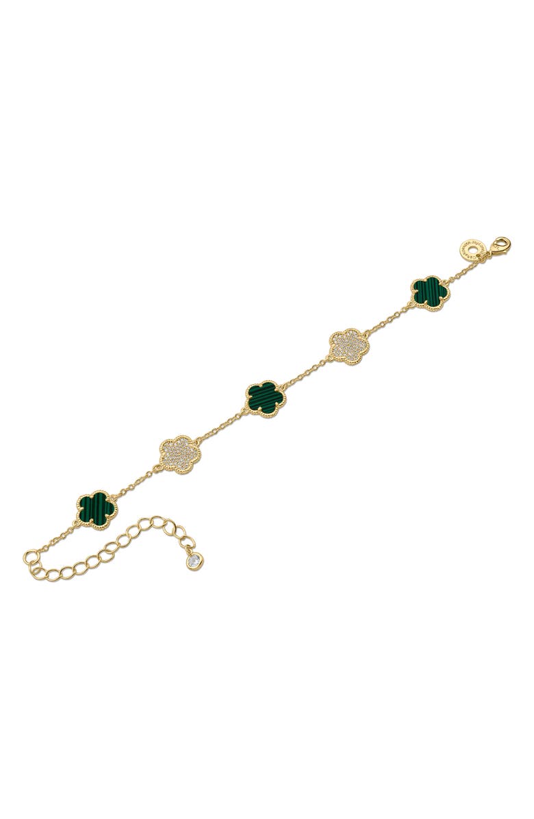 CZ by Kenneth Jay Lane Pavé Cubic Zirconia & Simulated Malachite Clover Charm Bracelet, Alternate, color, Green/ Gold