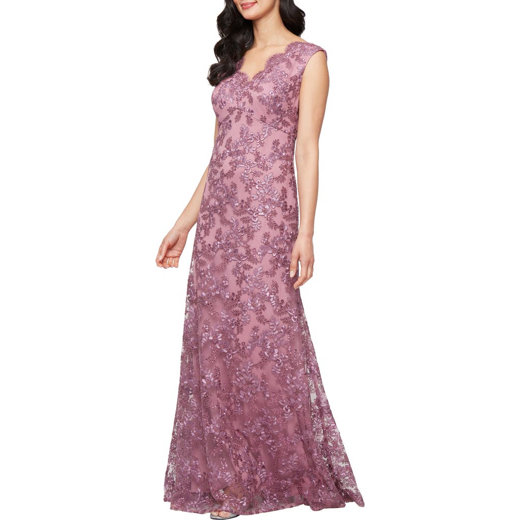 Alex Evenings Embroidered Scalloped Sleeveless Gown In Purple