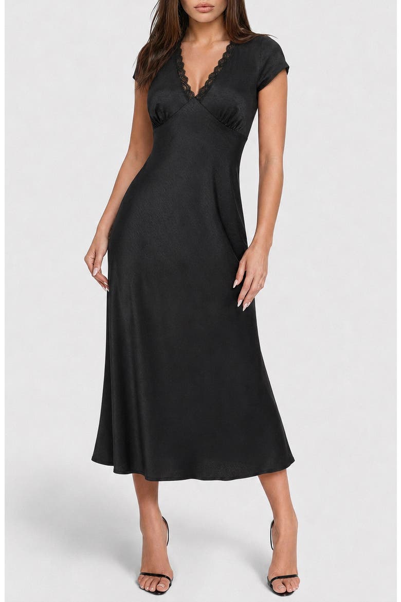 Lace Detail Crushed Satin Dress, Main, color, BLACK