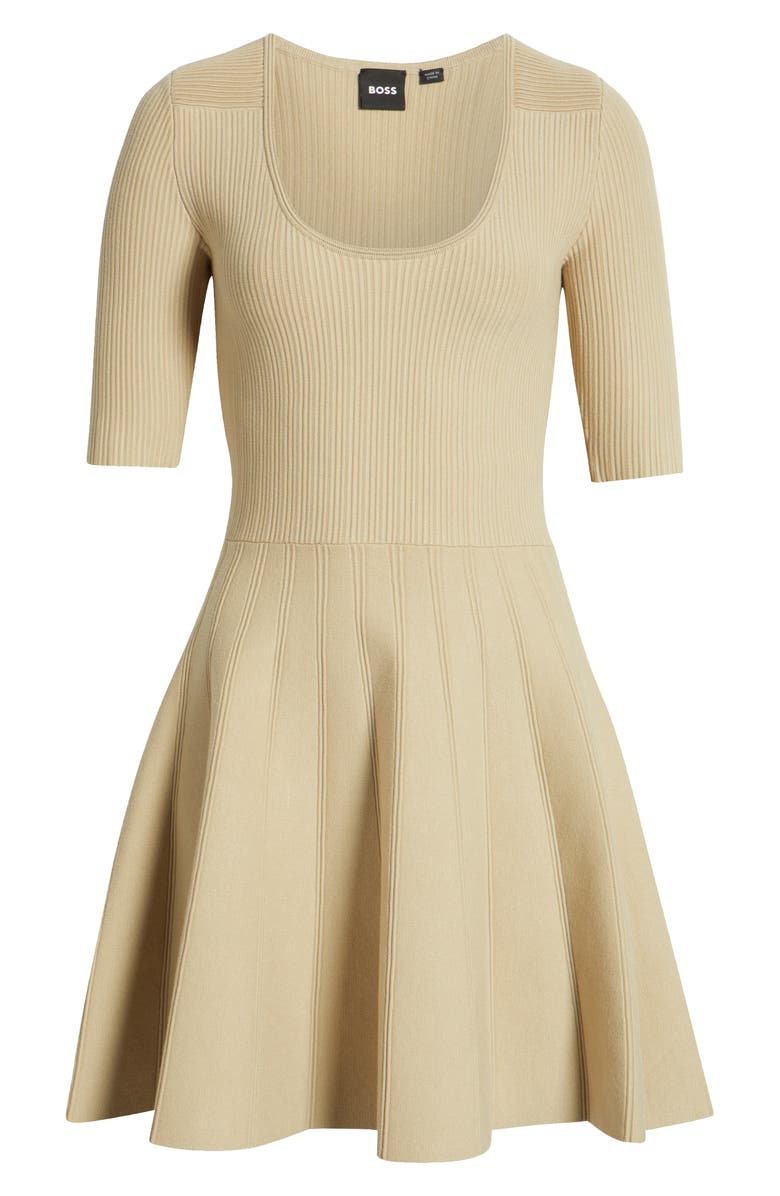 BOSS Frankina Rib Fit & Flare Dress, Alternate, color, Medium Beige