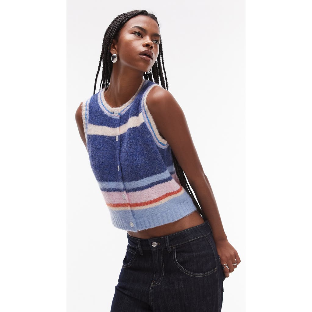 Shop Topshop Stripe Button-up Sweater Vest In Blue Multi