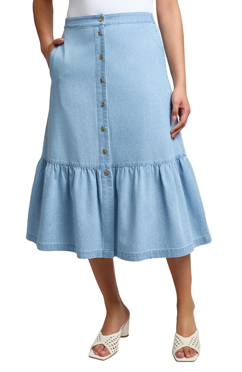 Jones New York Flounce Hem Chambray Midi Skirt, Main, color, 