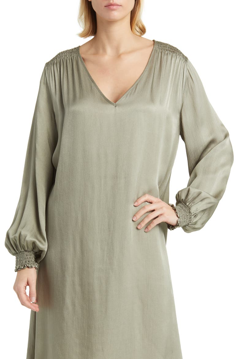 Nadiya Smocked Long Sleeve Satin Shift Dress, Alternate, color, VETIVER