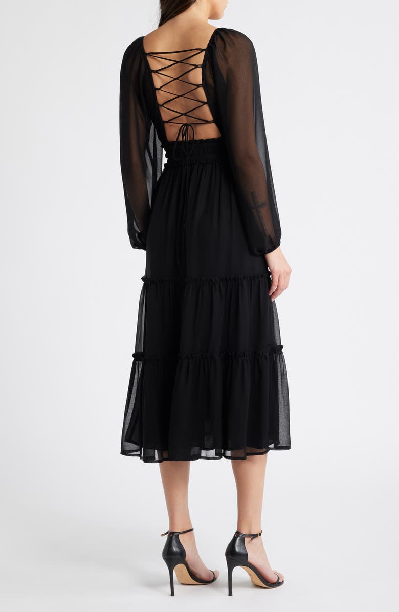 bebe Lace-Up Back Long Sleeve Chiffon Midi Dress, Alternate, color, Black
