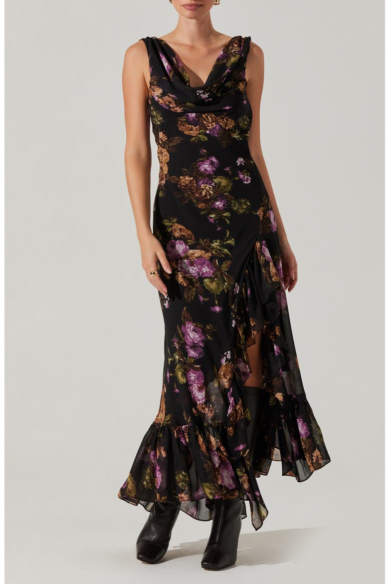 Cecelia Floral Cowl Neck Sleeveless Maxi Dress, Main, color, BLACK PURPLE FLORAL