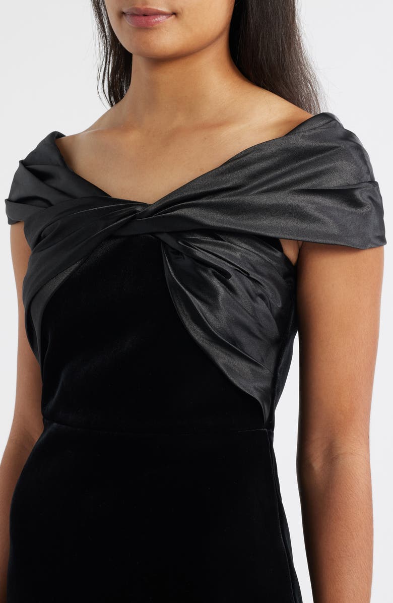 Eliza J Satin Wrap Detail Velvet Sheath Dress, Alternate, color, Black