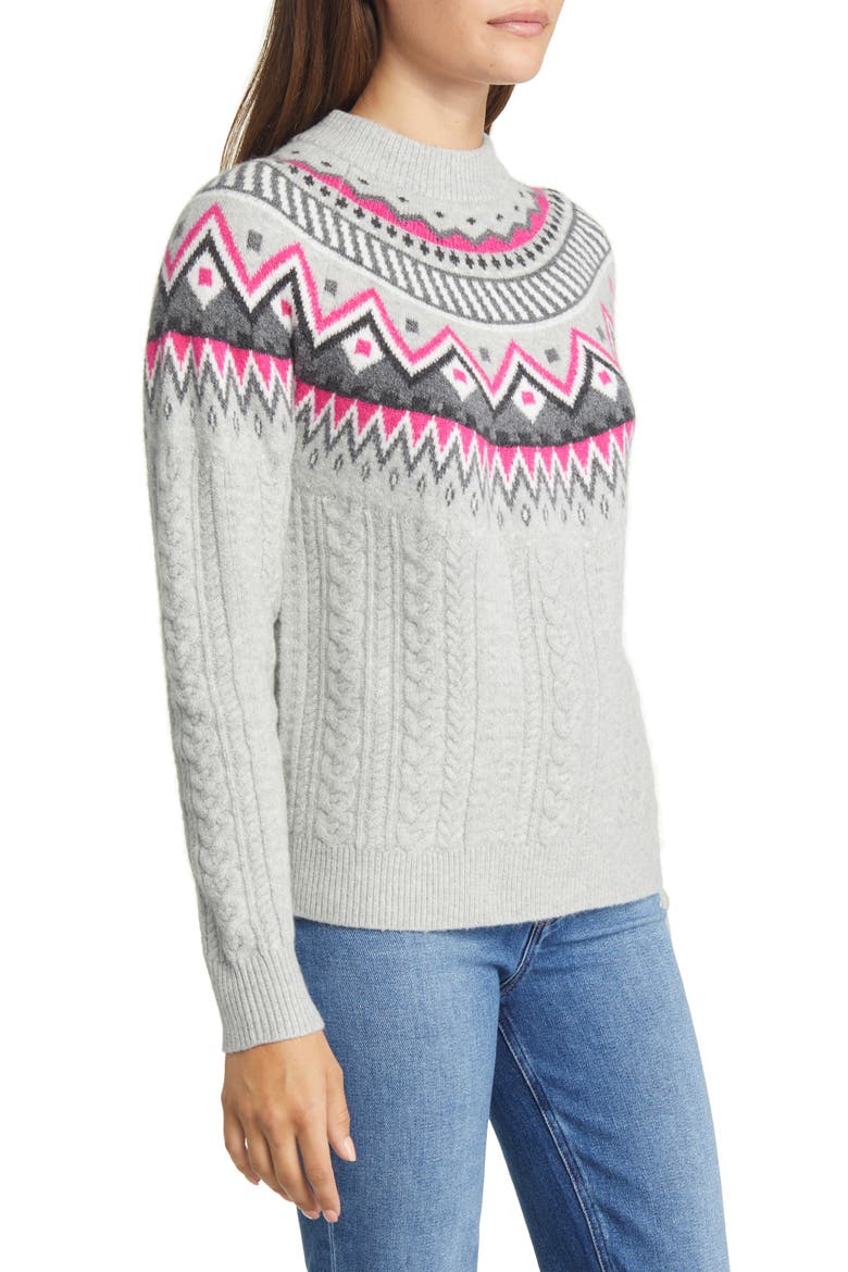 Fair Isle Cable Knit Sweater, Alternate, color, GREY HEATHER- PINK FAIRISLE
