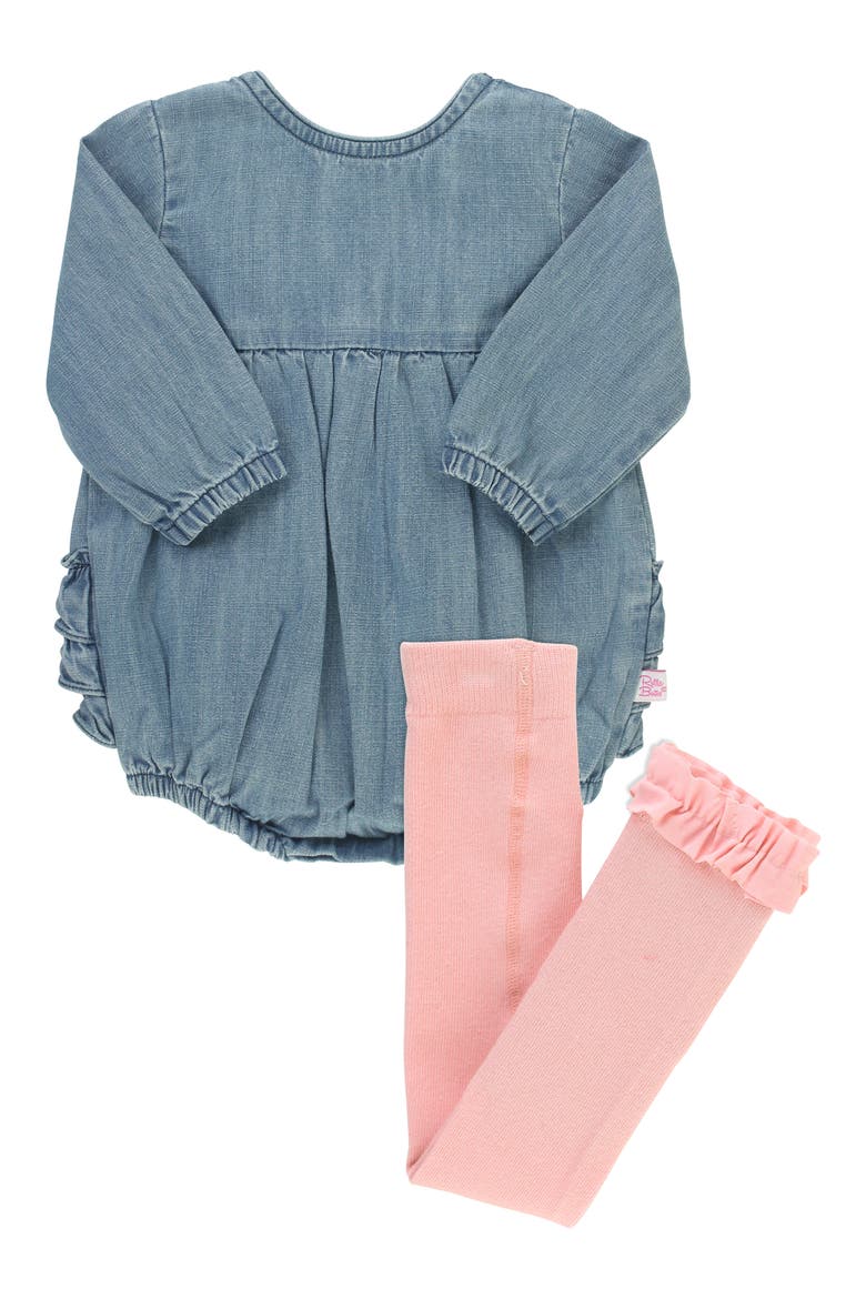 Denim Bubble Romper & Tights Set, Main, color, BLUE