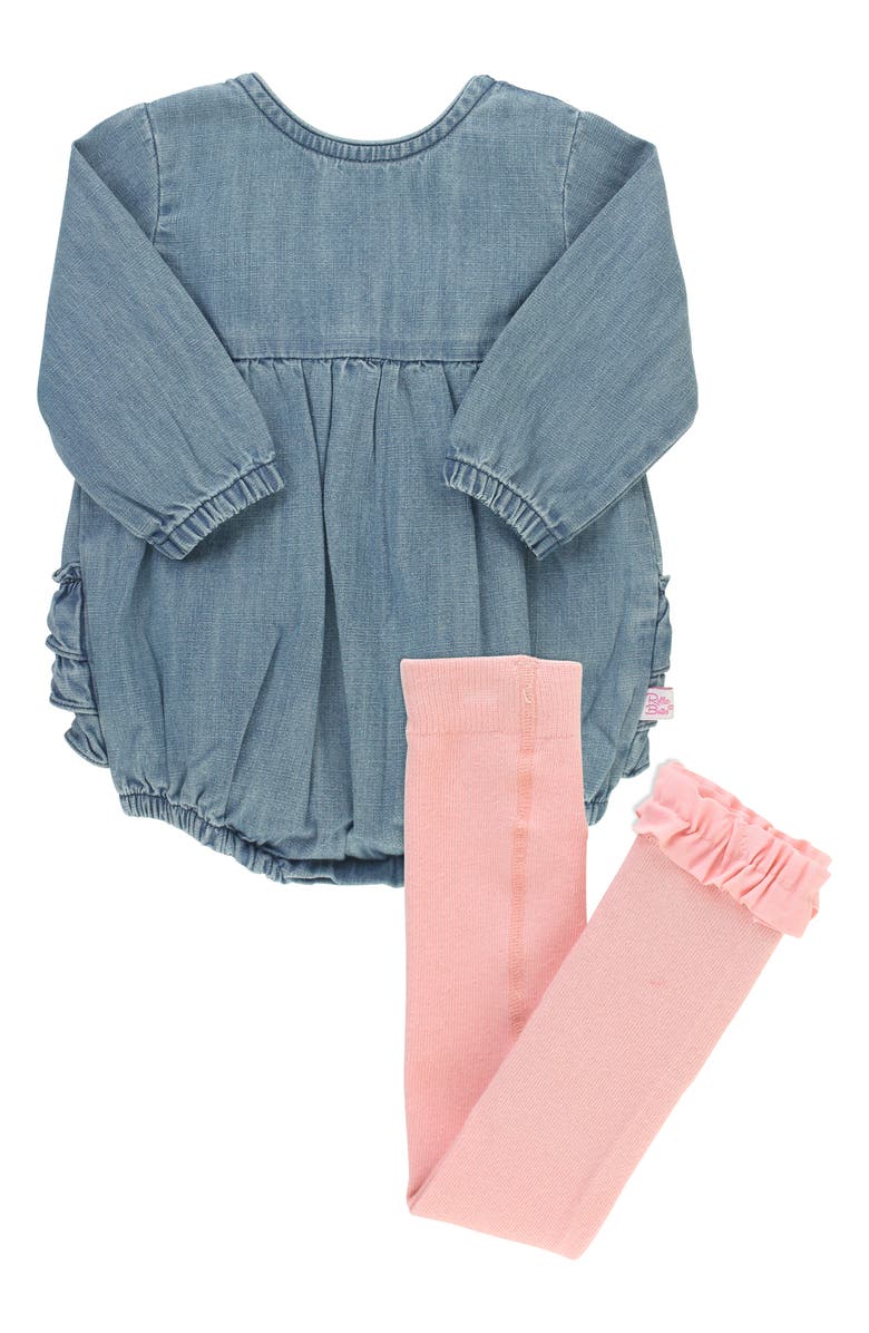 RuffleButts Denim Bubble Romper & Tights Set, Main, color,