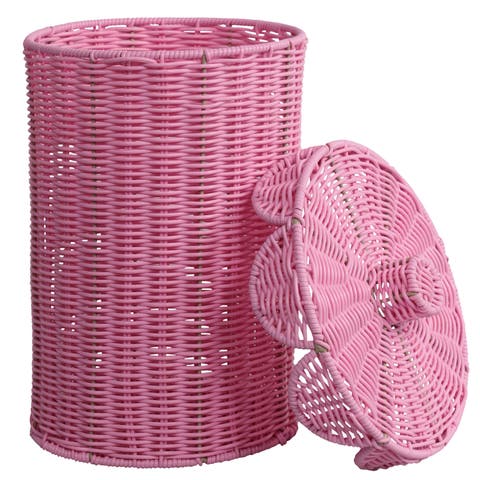 Resin 2.9-Gallon Cylinder Wicker Watebasket with Scalloped Lid