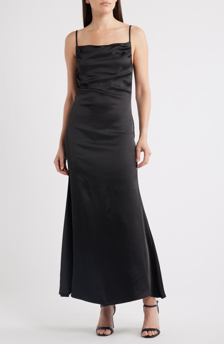 NIKKI LUND Carolyn Sleeveless Satin Maxi Dress, Main, color, Black