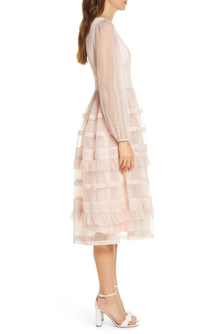 Tiered Ruffle Long Sleeve Lace Midi Dress, Alternate, color, PINK PEACH