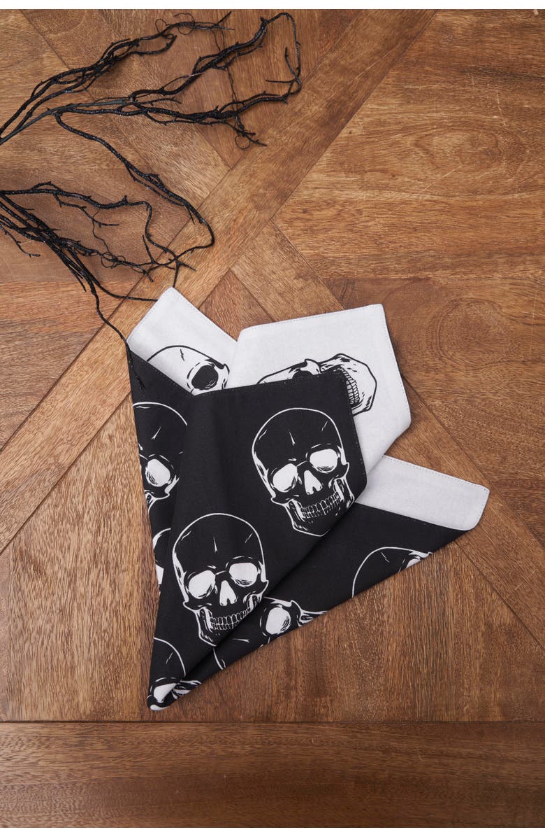 C&F Home Skully Skeleton Skulls Pattern Motifs Black & White Cotton Halloween Napkins Set of 6, Alternate, color, Black