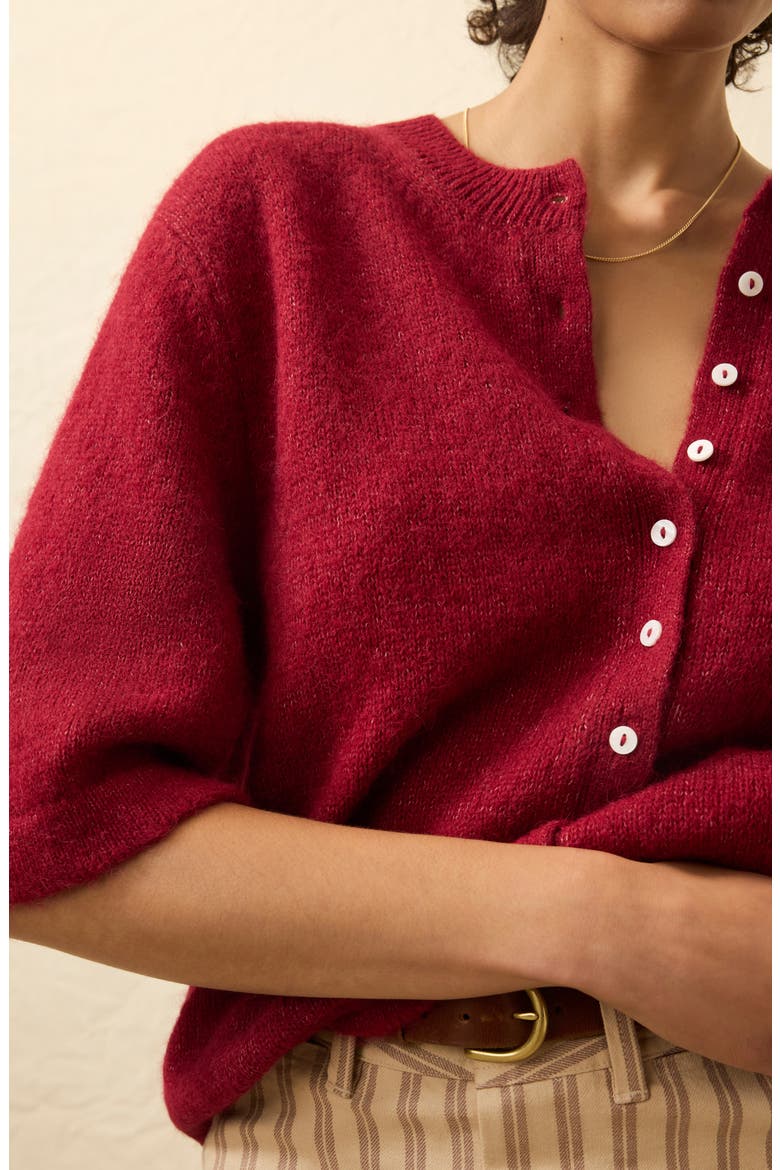 Apres Elbow Sleeve Alpaca & Pima Cotton Cardigan, Alternate, color, WINE RUST