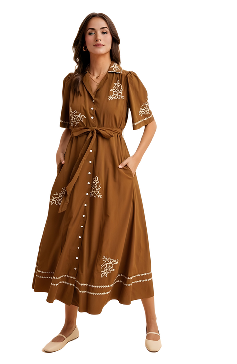 Button-Down Maxi Dress with Embroidery and Waist Tie