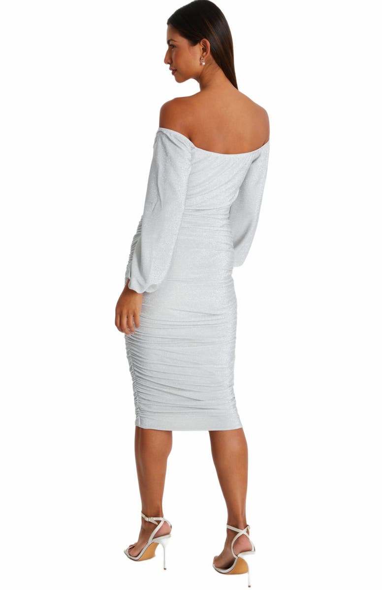 QUIZ Stretch Shimmer Cowl Bardot Midi Dress, Alternate, color,