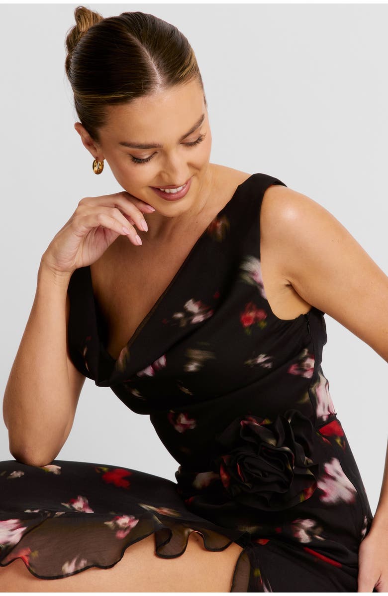 Six Stories Floral Cowl Front Coursage Maxi Dress, Alternate, color, Black