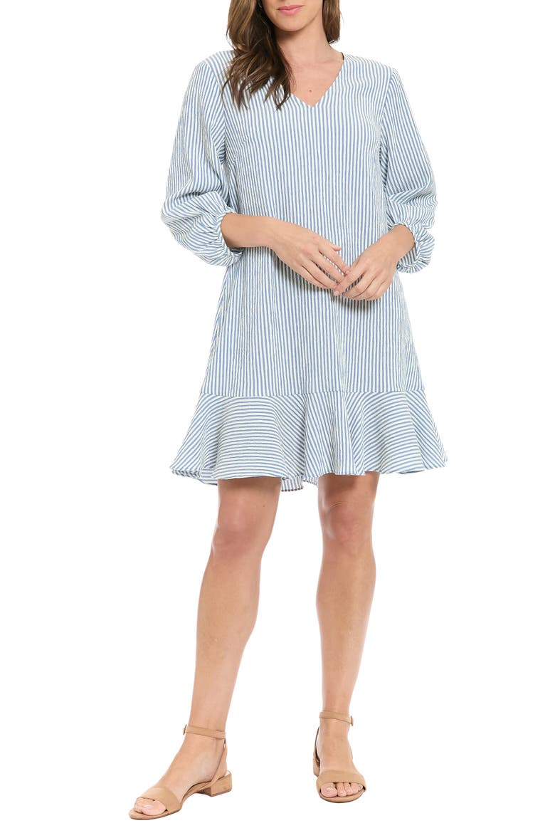 Stripe Puff Sleeve Flounce Hem Shift Dress, Main, color, BLUE/ IVORY 5