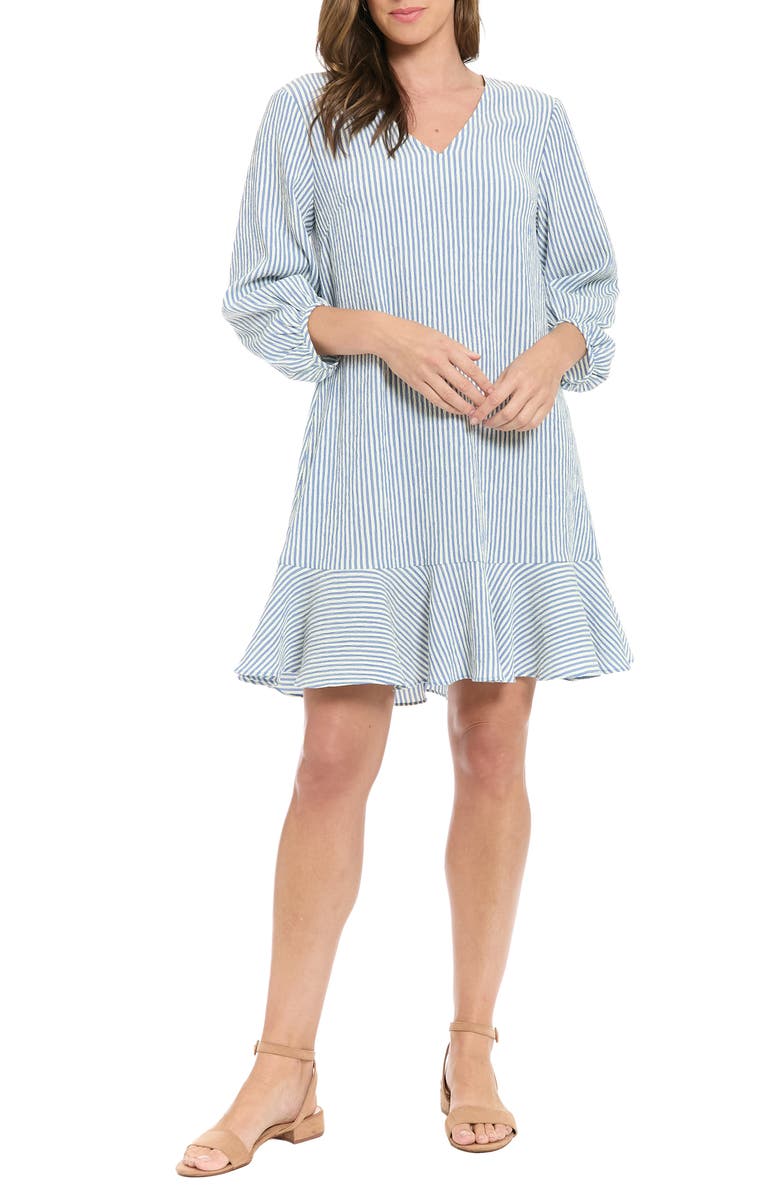 London Times Stripe Puff Sleeve Flounce Hem Shift Dress, Main, color, Blue/ Ivory 5