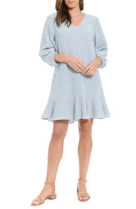 Stripe Puff Sleeve Flounce Hem Shift Dress (Petite)