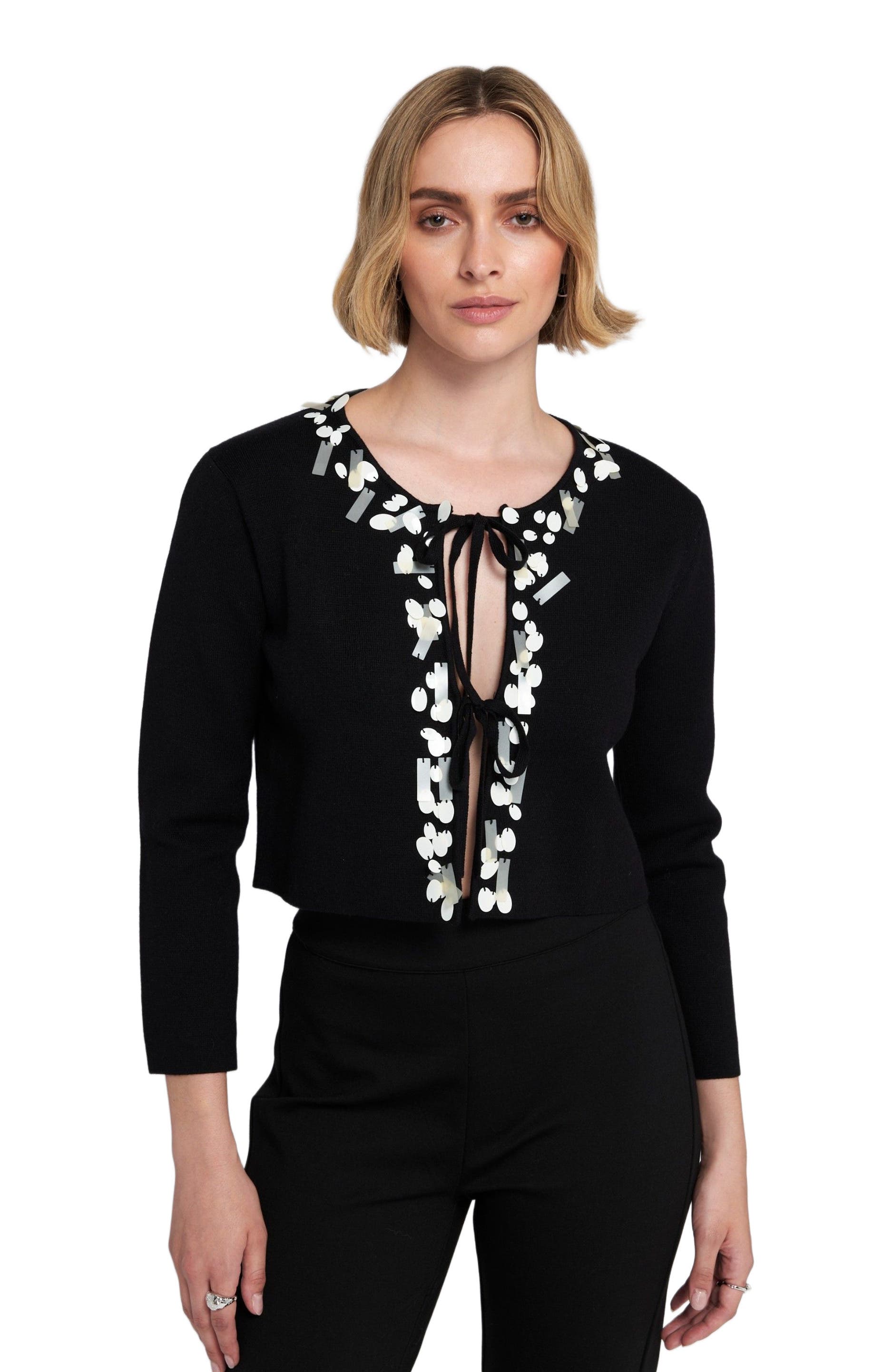 Sequin Tie Front Cardigan Embroidered Sweater