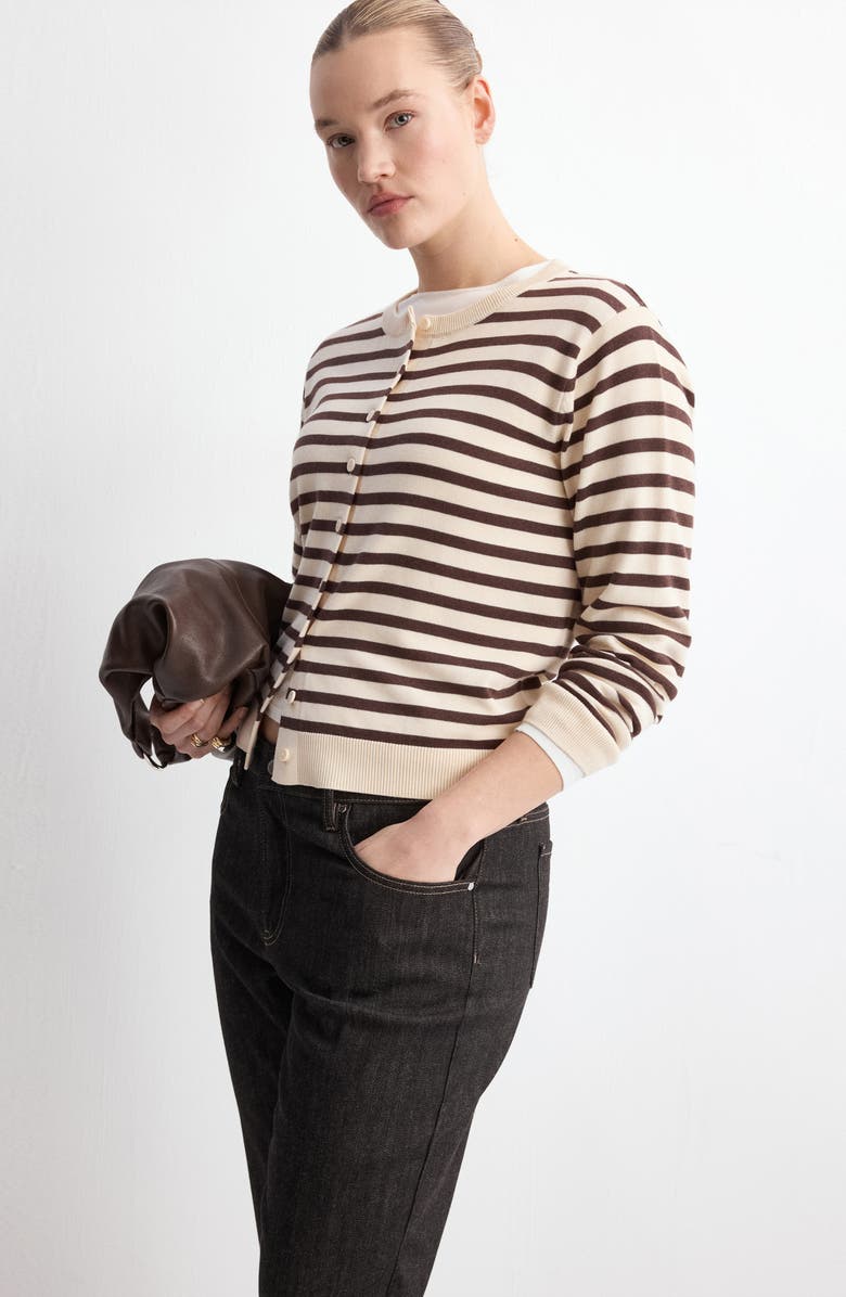 MANGO Stripped Knit Cardigan, Alternate, color, Chocolate