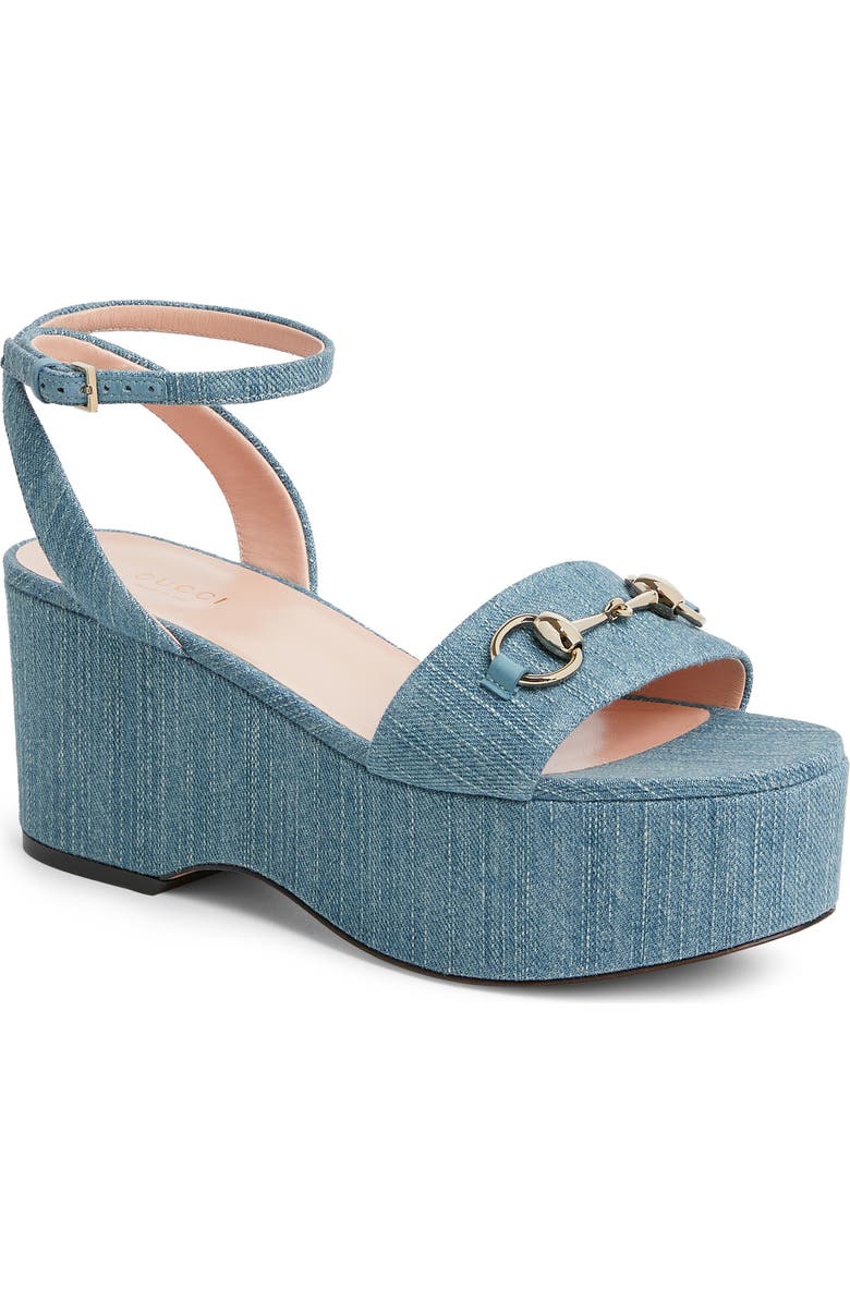 Gucci Lady Horsebit Ankle Strap Wedge Sandal, Main, color, Turquoise Blue