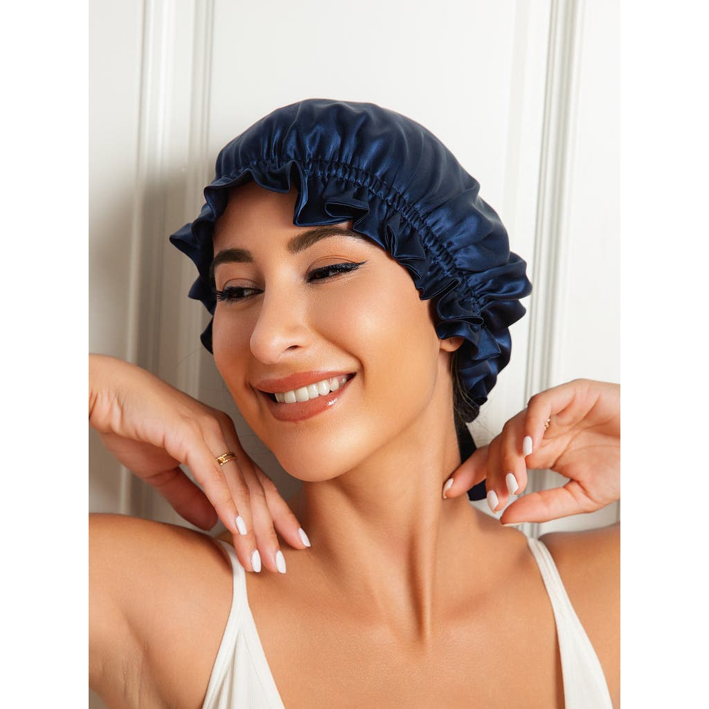 SILKSILKY Pure Silk Double Layer Bonnet with Ribbon in Darkblue at Nordstrom