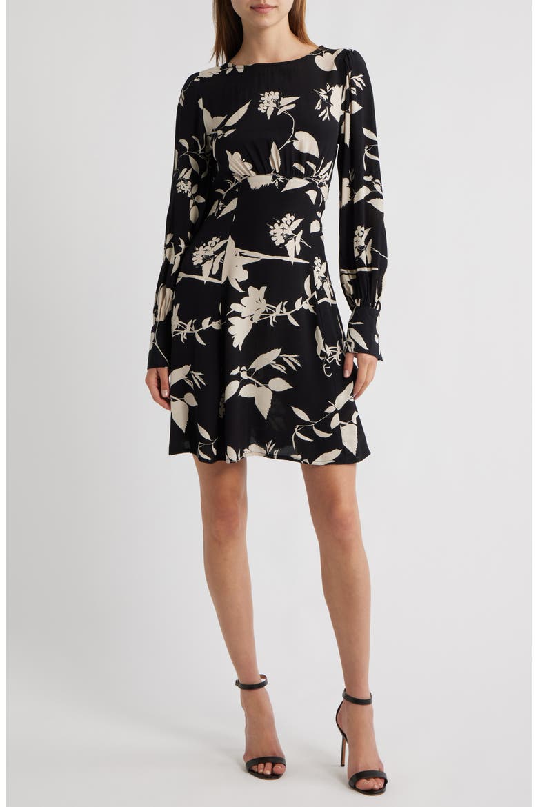 Floral Print Long Sleeve Minidress, Main, color, BLACK
