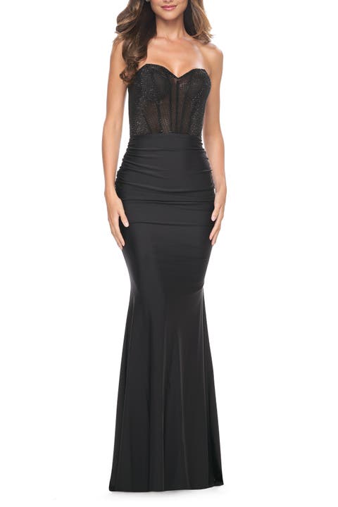 Sweetheart Rhinestone Fishnet Bodice Dress with Fitted Skirt