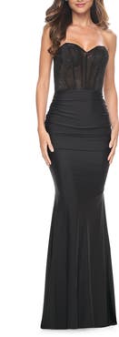 La Femme Sweetheart Rhinestone Fishnet Bodice Dress with Fitted Skirt