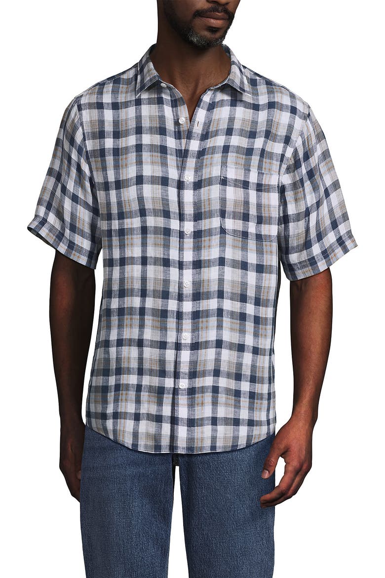 Traditional Fit Short Sleeve Linen Shirt, Main, color, Light Indigo Blue/Tan Plaid