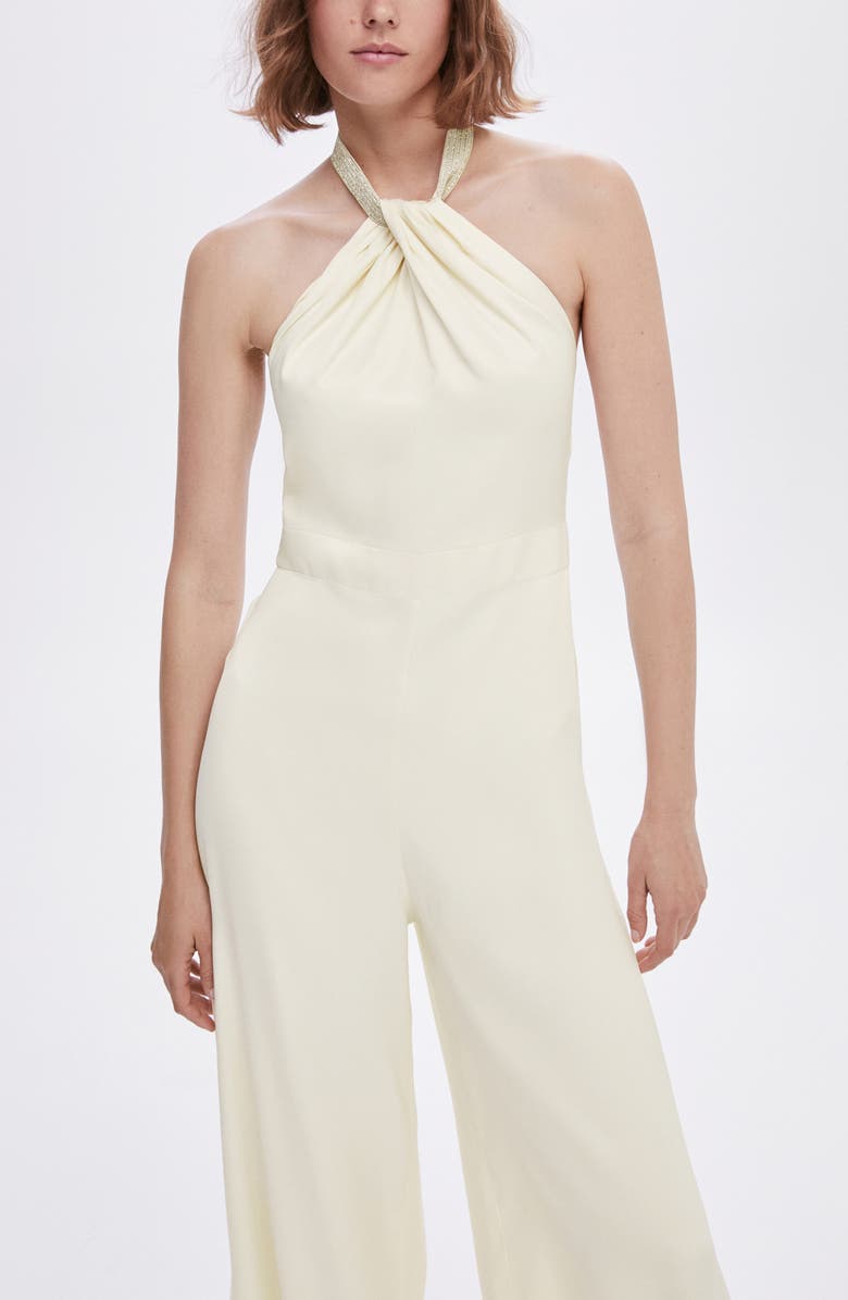 MANGO Twist Halter Neck Jumpsuit, Alternate, color, Ecru