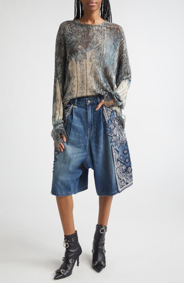 R13 Jesse Pleated Denim Bermuda Shorts, Alternate, color, Crushed Blue Bandana