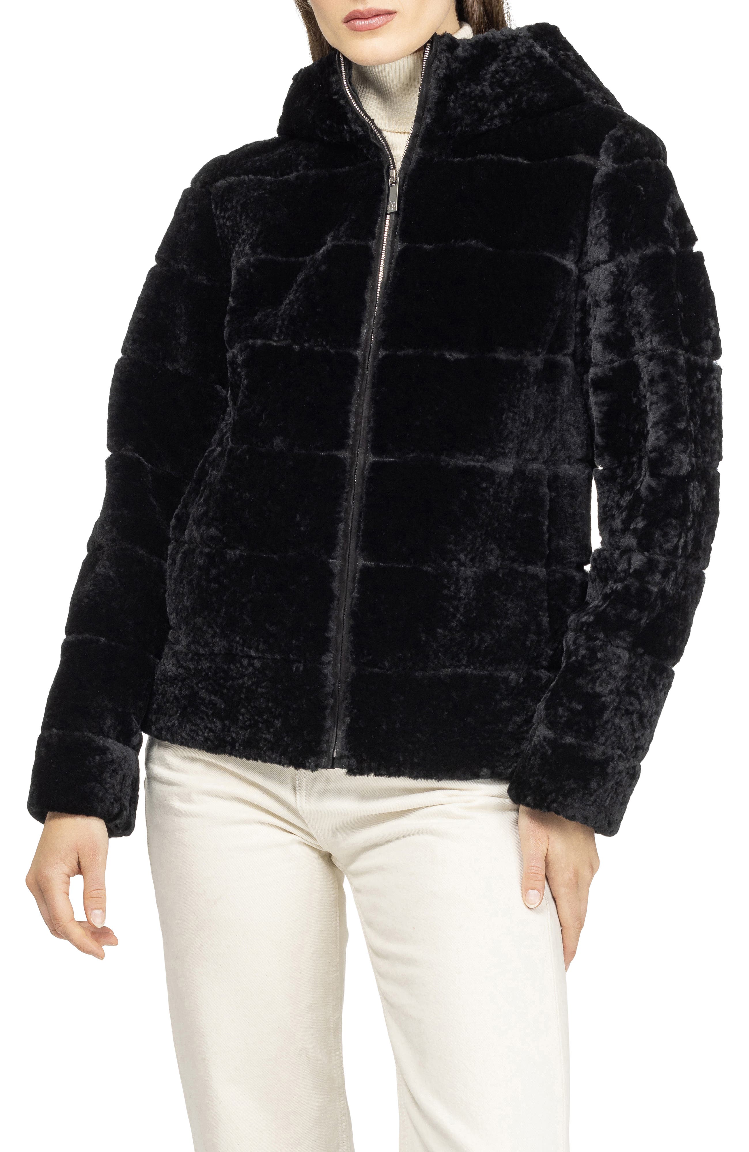 Horizontal Genuine Shearling Zip Jacket with Hood - image 2