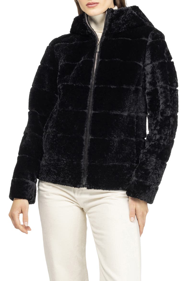 Horizontal Genuine Shearling Zip Jacket with Hood, Alternate, color, BLACK