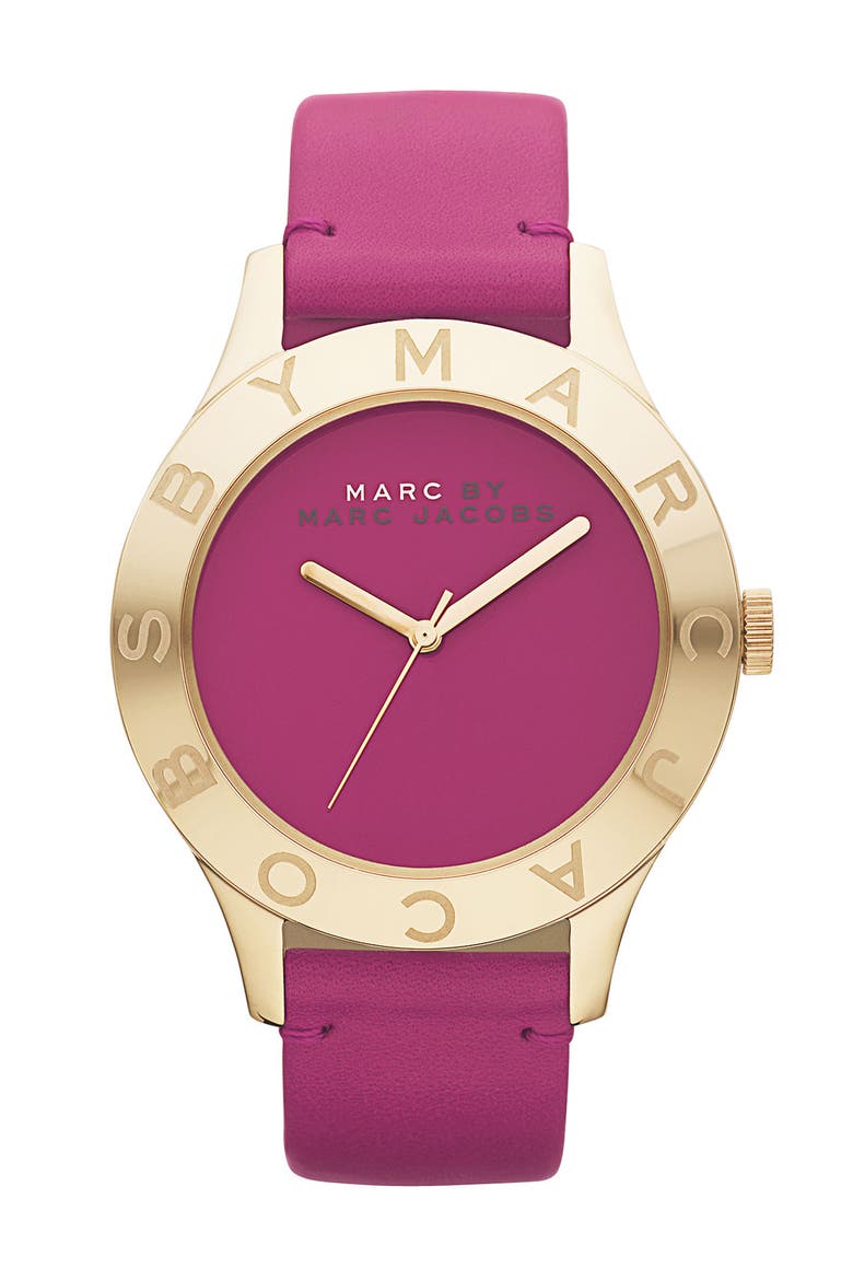 'Blade' Round Leather Strap Watch, Main, color, GOLD/ RED