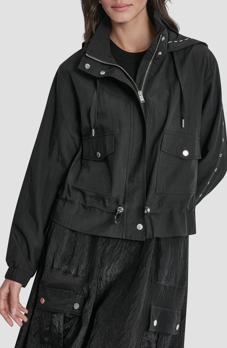 DKNY Studded Hooded Anorak, Main, color, Black