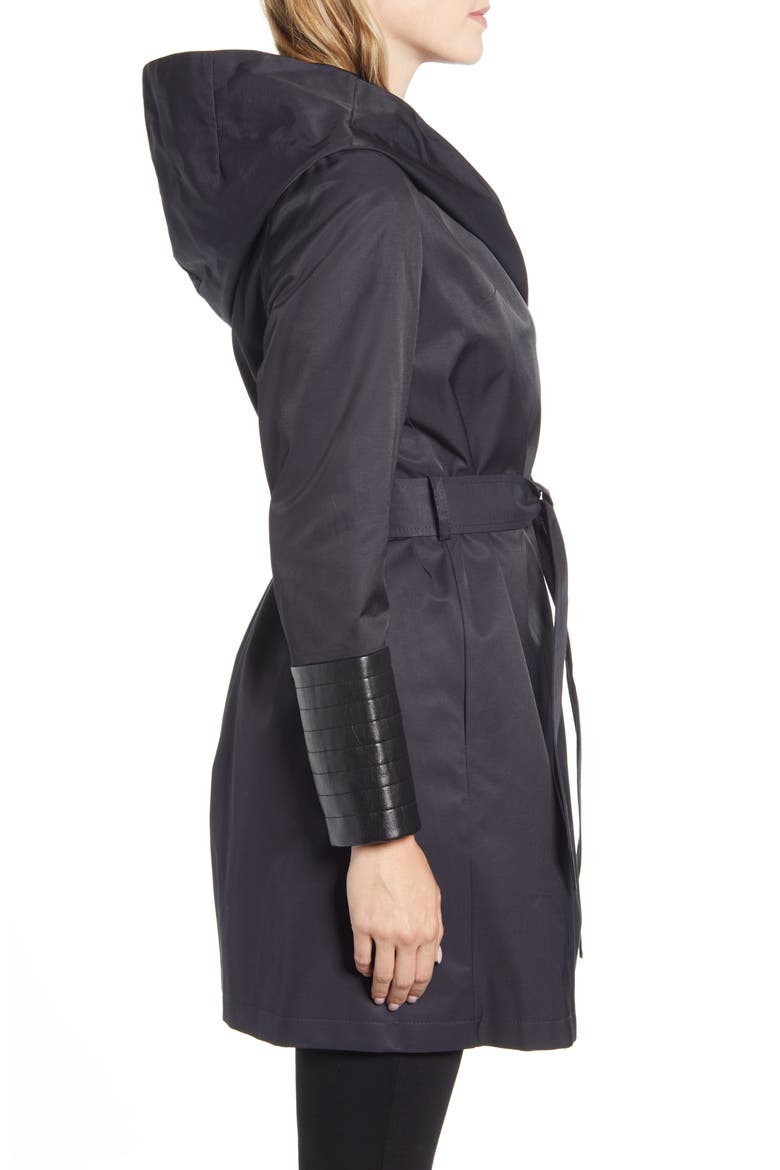 Faux Leather Trim Rain Jacket, Alternate, color, NAVY