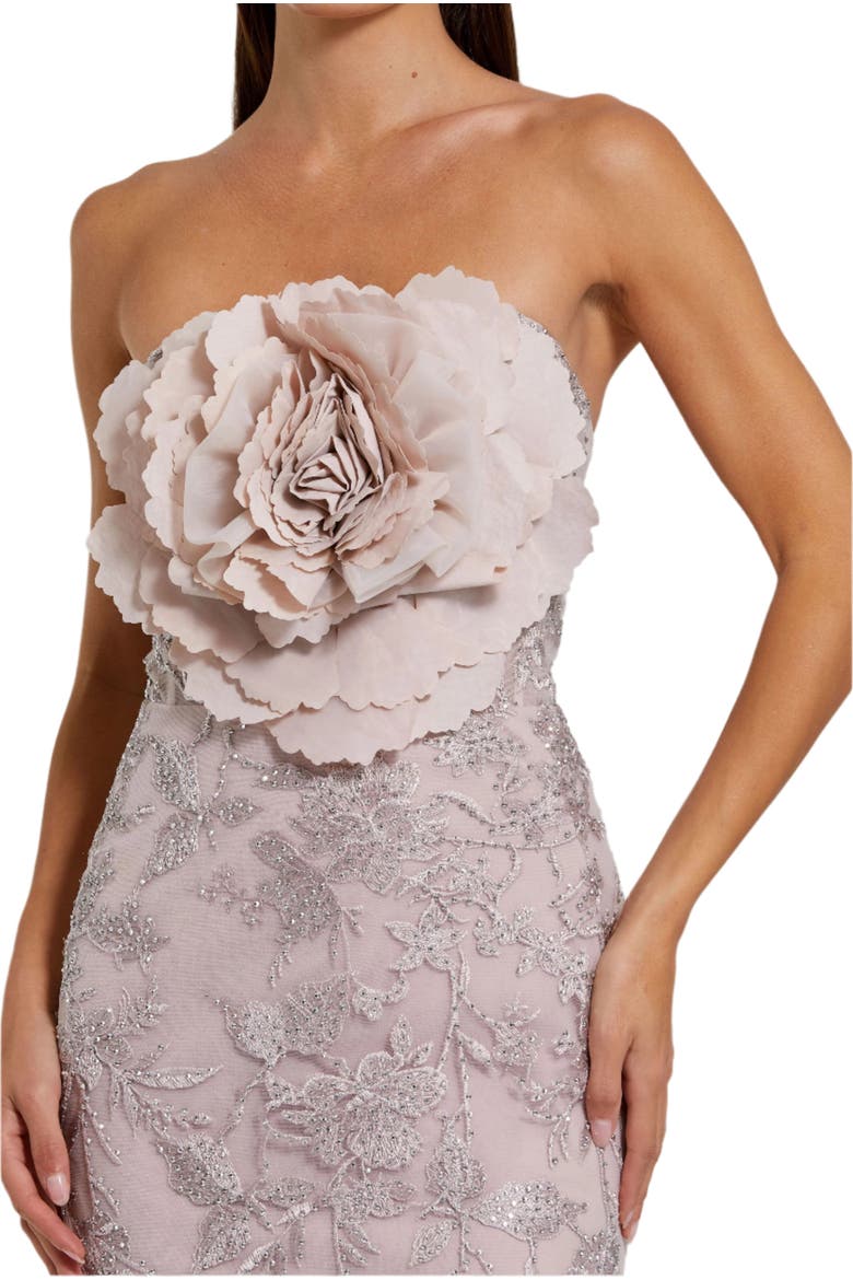 Strapless Beaded Applique Mermaid Gown With Flower, Alternate, color, Mocha