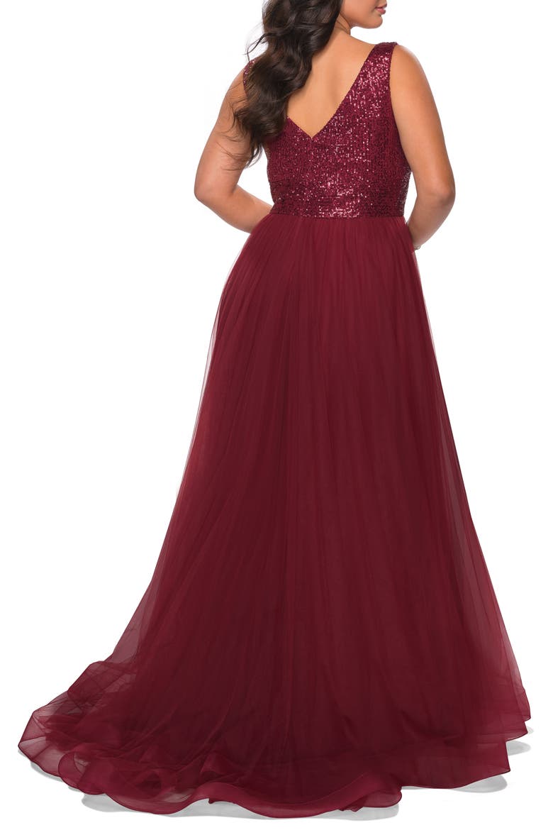 Curvy A-line Gown with Sequin Bodice and Tulle Skirt, Alternate, color, WINE